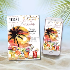 Toast sur la côte, invitation à une fête de plage, cocktails modifiables, invitation d'anniversaire, modèle de fête d'anniversaire de femme, boissons au coucher du soleil, fiançailles, soirée d'été