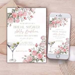 Convite para chá de panela com rosas cor-de-rosa e Martini, Brunch floral editável com convite para noiva, Modelo de despedida de solteira no jardim, Cartão de aniversário