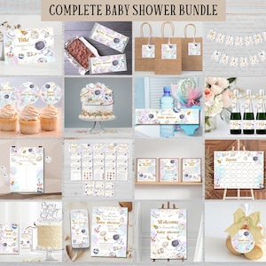 Complete Space theme baby shower invitation bundle, Editable astronaut party supplies, We are over the moon Gender neutral galaxy printables