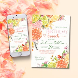 Floral citrus verjaardag brunchuitnodiging, bewerkbare citroenen sinaasappels limoenen verjaardagsdiner uitnodiging Wildflowers vrijgezellenfeest sjabloon roze limonade