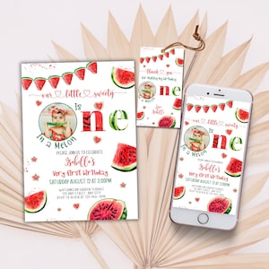 Unser kleiner Schatz ist eine in einer Melonenjungen-Mädchen-ersten Geburtstagseinladung, bearbeitbare Wassermelonen-Digitaleinladung, Sommer-Tutti Frutti-Bday-Party