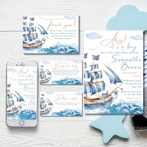 Ahoy, es un conjunto de invitaciones para baby shower de niño, invitación de rocío de bebé azul náutico, plantilla azul marino editable, paquete de niño con tema marino imprimible
