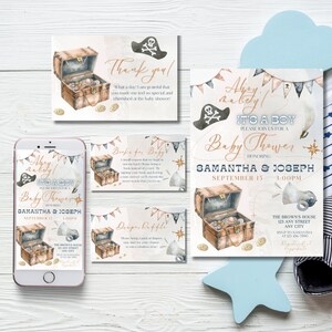 Ensemble d'invitations modifiables pour baby shower, Ahoy, c'est une invitation pour bébé garçon, modèle de boîte au trésor, forfait pour garçons à thème nautique d'été