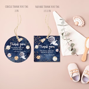 Space party Thank you tag templates, Editable square and circle galaxy baby shower gift tags Astronaut favor stickers, custom envelope seal