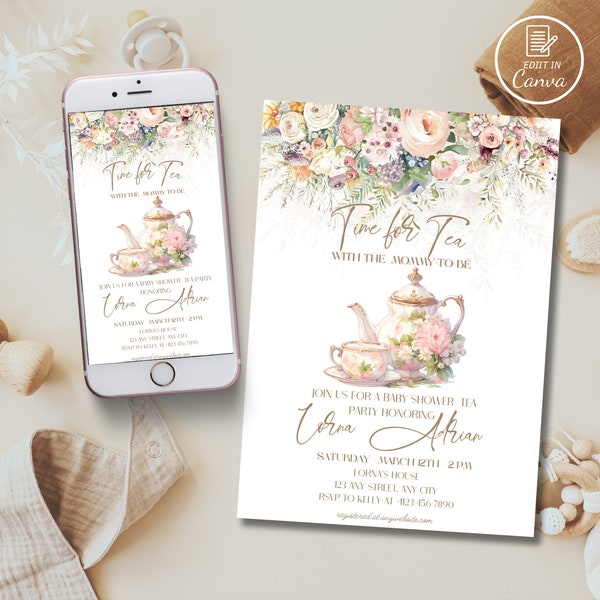 Faire-part de baby shower pour le thé, modèle de thé avec future maman, invitation florale élégante pour le thé, invitations d'anniversaire pour femme, téléchargement immédiat