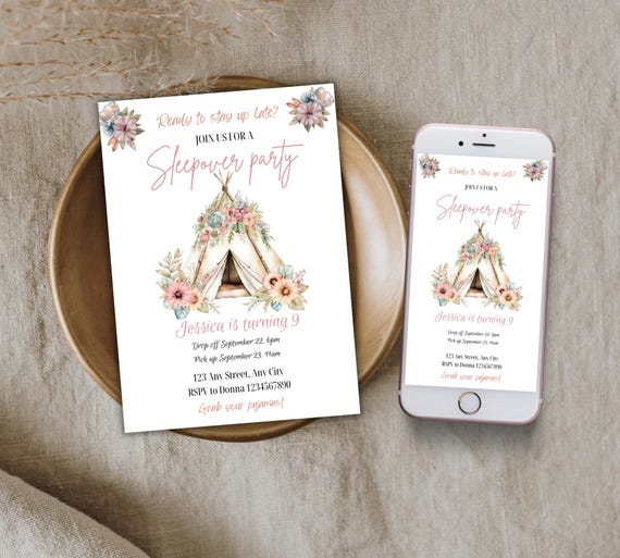 Boho teepee girl sleepover invitation, Editable minimalist slumber bday party evite, Pajama birthday party invite, Bohemian floral tent bday