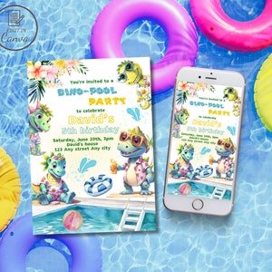 Invitación de cumpleaños de dinosaurio, invitación editable a fiesta en la piscina de dinosaurios, plantilla de cumpleaños de T-rex de verano con gafas de sol, evita nadar con dinosaurios jurásicos