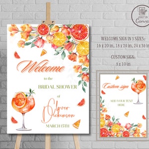 Amor al principio Spritz despedida de soltera bienvenida plantillas de signos personalizados Tablero de bienvenida de cumpleaños de Aperol editable Suministro de fiesta de cítricos florales imprimibles