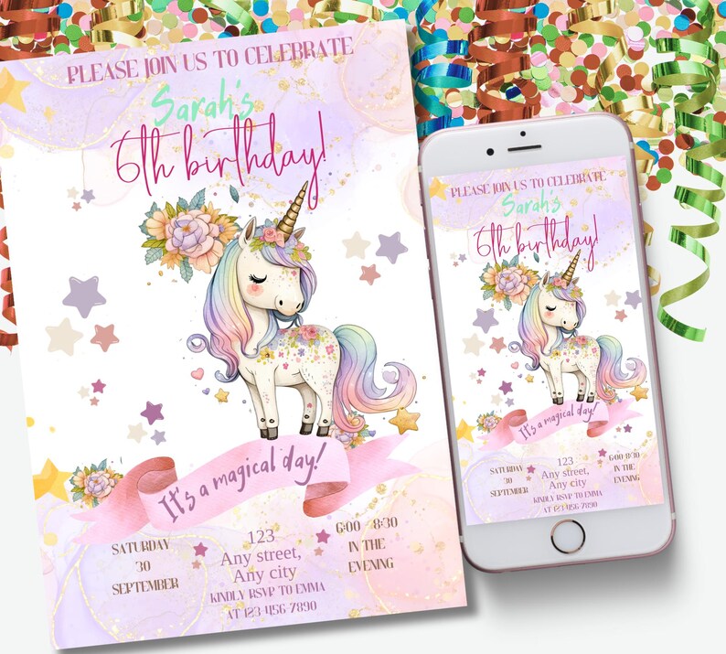 Editable Unicorn Birthday Invitation, Digital Unicorn Party Invite ...