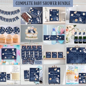 Complete Space theme baby shower invitation bundle, Editable astronaut party supplies, We are over the moon baby sprinkle galaxy printables