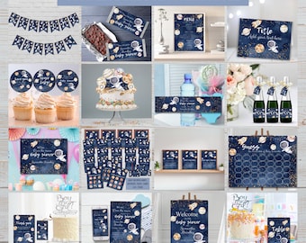 Complete Space theme baby shower invitation bundle, Editable astronaut party supplies, We are over the moon baby sprinkle galaxy printables
