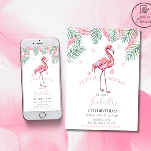 Flamingo-Geburtstagseinladung, „Let’s Flamingle“ bearbeitbare Einladung. Elegante, minimalistische Geburtstagsvorlage für Mädchen zwischen Teenagern und Teenagern. Tropische Fiesta-Party
