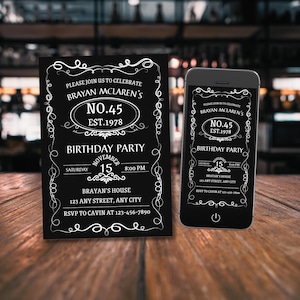 Invitación de cumpleaños con etiqueta de whisky, invitación editable para fiesta de cumpleaños de adultos para hombres, plantilla de cumpleaños añejada a la perfección, invitación brutal para cualquier edad