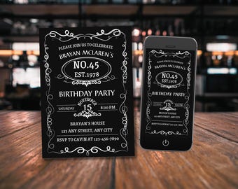 Wiskey label birthday invitation, Editable adult birthday party invite for men, Aged to perfection bday template, any age brutal evite
