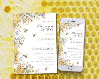 May include: A baby shower invitation with a bee theme. The invitation features a watercolor illustration of bees, flowers, and honeycomb. The text on the invitation reads "Let's shower the Mommy to Bee" and includes the date, time, and location of the event.