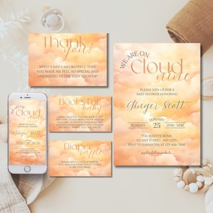 Nous sommes sur une invitation à une baby shower, fille et garçon, pack d'invitations saupoudrer de nuages au coucher du soleil orange, ensemble minimaliste de modèle modifiable de nuage 9