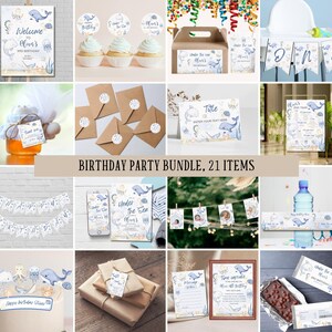 May include: A collection of party supplies with an "Under the Sea" theme. Includes invitations, banners, cupcake toppers, and a cake. The color scheme is blue and white with illustrations of whales, seahorses, and other sea creatures. The text reads "Welcome to Olivia's 3rd Birthday".