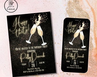 Champagne adult birthday party invitation, Editable Prosecco splashes bday invite for lady, Let’s celebrate golden birthday women template
