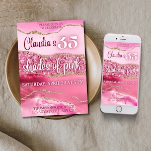 Invito di compleanno con sfumature di rosa, Invito per donne che festeggiano in rosa, Modello di biglietto di auguri per la festa di compleanno in rosa e oro modificabile Modello per cena di compleanno