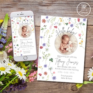 Faire-part de naissance fleurs sauvages, cartes postales modifiables de naissance de bébé fleurs des prés avec photo, fête d'anniversaire fleurs du jardin, cartes florales pour nouveau-né