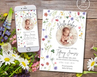 May include: A floral baby announcement card with a photo of a newborn baby sleeping. The card says "Hello baby!" and includes the baby's name, birth date, time, and weight. The card is decorated with a watercolor floral border.