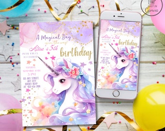 Editable unicorn birthday invitation, Unicorn bday party invite, Girls unicorn evite for phones and printable, Pastel pony template