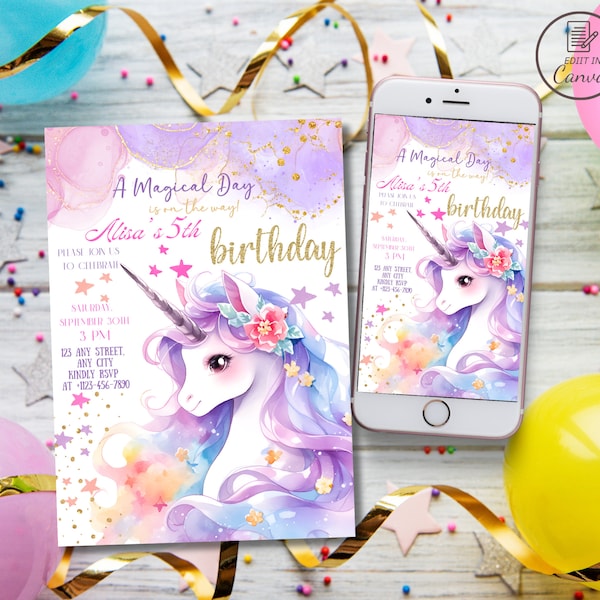 Editable unicorn birthday invitation, Unicorn bday party invite, Girls unicorn evite for phones and printable, Pastel pony template