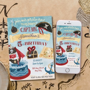 Invitación de cumpleaños de fiesta pirata editable, invitación de cumpleaños pirata, mapa de la caja del tesoro del sombrero de pastel pirata, plantilla de teléfono de la tripulación del capitán imprimible