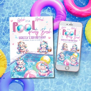 Convite para festa na piscina de unicórnio, convite de aniversário de natação splish splash de verão editável, modelo de natação de unicórnios fofos, telefone mágico para evitar
