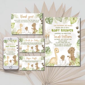 Invitations de baby shower de dinosaures mignons, ensemble d'invitations modifiables de saupoudrage de bébé de futurs parents de dinosaures, paquet de modèle imprimable de future maman de dinosaure