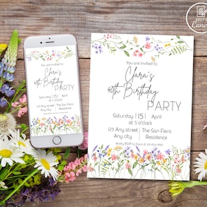 Wilde bloemen vrouwen verjaardagsuitnodiging, bewerkbare lentebloem volwassen verjaardagsfeestje sjabloon bloemen genderneutraal babyshower vrijgezellenfeest