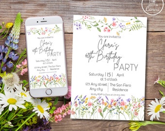 Wildflowers women birthday invitation, Editable spring flower adult bday party template Floral gender neutral baby shower evite Bachelorette