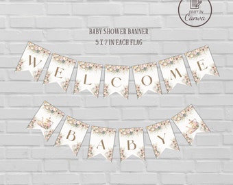 Floral Tea party Welcome baby flag banner, Editable baby shower par-tea decor, Printable flowers hello baby decorations, Bunting template