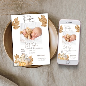 Editable birth announcement, Printable baby birth card, newborn cards, pumpkin birth announcement, fall newborn ecard, autumn baby announce