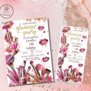 Editable Glitz and glam birthday party invitation, Glamour makeup girls night electronic invite, Blush pink gold SPA tween bday evite