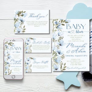 Ensemble d'invitation garçon bébé en fleur, invitation de baby shower de fleurs sauvages bleues, modèle de saupoudrage de bébé fleur de prairie modifiable Pack brunch floral pour bébé
