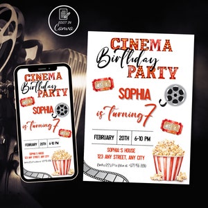 Puede incluir: Una invitación imprimible para una fiesta de cumpleaños de cine para Sophia que cumple 7 años. La invitación presenta un cubo de palomitas de maíz a rayas rojas y blancas, un carrete de película y diseños de boletos de cine. El texto dice "Cinema Birthday Party Sophia is turning 7".