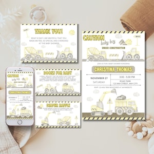 Invitation à une baby shower pour bébé en construction, modèle d'invitation à saupoudrer de camions jaunes, pack modifiable pour future maman, bulldozer, malaxeur à béton