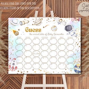 Juego de calendario de fecha de parto para bebé de fiesta espacial, tablero de cumpleaños de adivinación de galaxia editable, signo de predicción de fecha de nacimiento de astronauta lindo imprimible