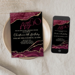 Elegante Geburtstagsfeier für Erwachsene Einladungskarte Burgunder Gold Achat Dame bday Party einladen Luxus Frauen Abendessen Marmor Telefon Vorlage