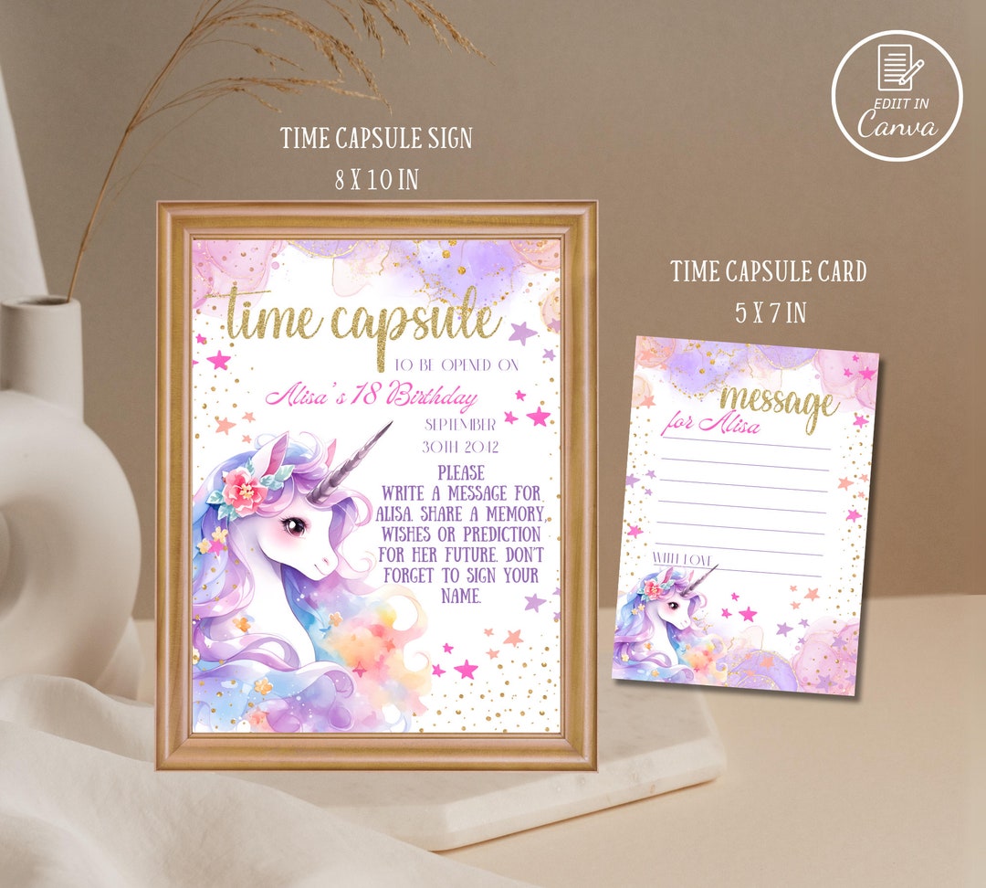 Unicorn Time Capsule Sign and Card, Editable Magical 1st Birthday Time ...