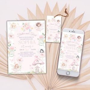 Convite de aniversário de fada Convite para festa de aniversário de fadas encantadas e caprichosas editável Modelo de floresta floral mágica editável Favor etiqueta de agradecimento