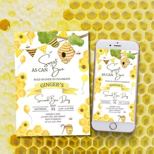 Liefste verjaardagsuitnodiging bij, Our little honey's first second third bee-day feestuitnodiging, bewerkbare sjabloon voor verjaardagsfeestje, genderneutraal
