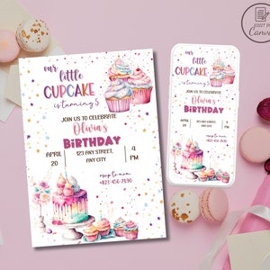 Unsere kleinen Cupcake-Geburtstagseinladung, Kinder-Cupcakes, die Party einladen, bearbeitbare Back-Bday-Einladung, Mädchen-Kochparty-Vorlage