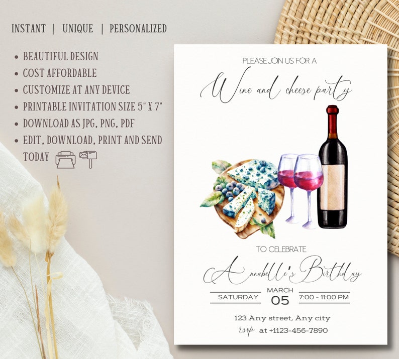 Wine and Cheese Plate Adult Birthday Invitation, Minimalist Sips and