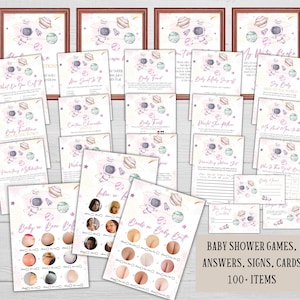 Editable space baby shower games, Galaxy baby sprinkle game bundle, Girl party activity pack, Printable astronaut games answers template