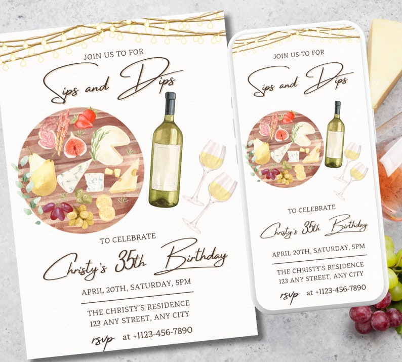 Minimalist Sips and Dips Invitation, Charcuterie Board Birthday Invite
