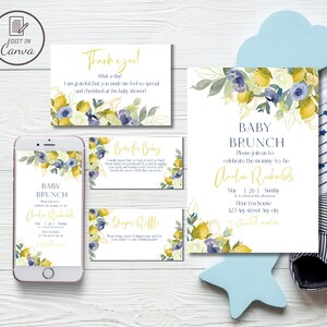 Ensemble d'invitations florales pour baby shower de citrons, modèle de brunch de bébé garçon fleurs bleues modifiable, invitation à une fête de limonade bouquet printemps été