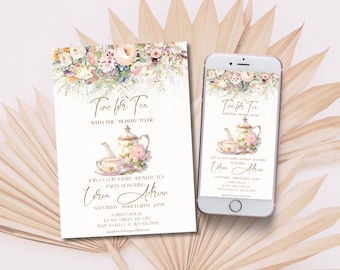 Tea party baby shower invitation, Tea with mommy to be template, Elegant floral par-tea invite, Woman birthday invitations, instant download