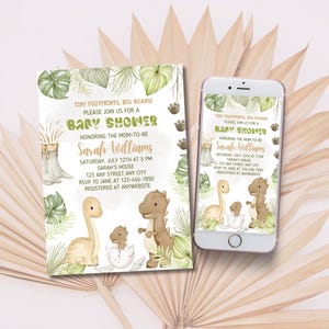Bewerkbare uitnodiging babyshower dinosaurussen, afdrukbare dino-uitnodiging aanstaande babystrooiseluitnodiging, schattige sjabloon voor aanstaande dinosaurus, 1e verjaardag